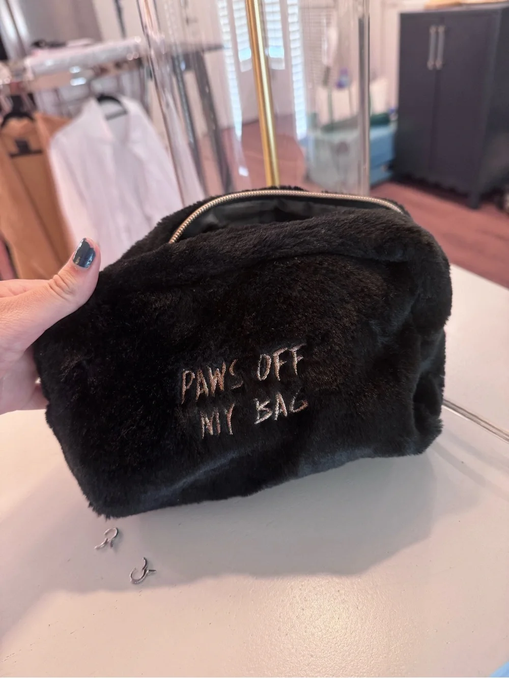 Paws Off Black Faux-Fur Cosmetic Bag